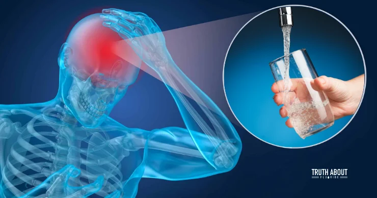 fluorides-effects-on-the-brain-1 skeleton of a man grabbing head with tap water in zoomed in photo